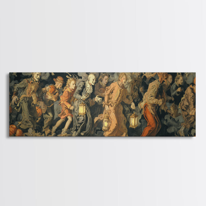 The Trick-Or-Treat Procession, Dark Renaissance Art, Extra Wide Wall Art, Dark Halloween Decor, Framed Canvas Print