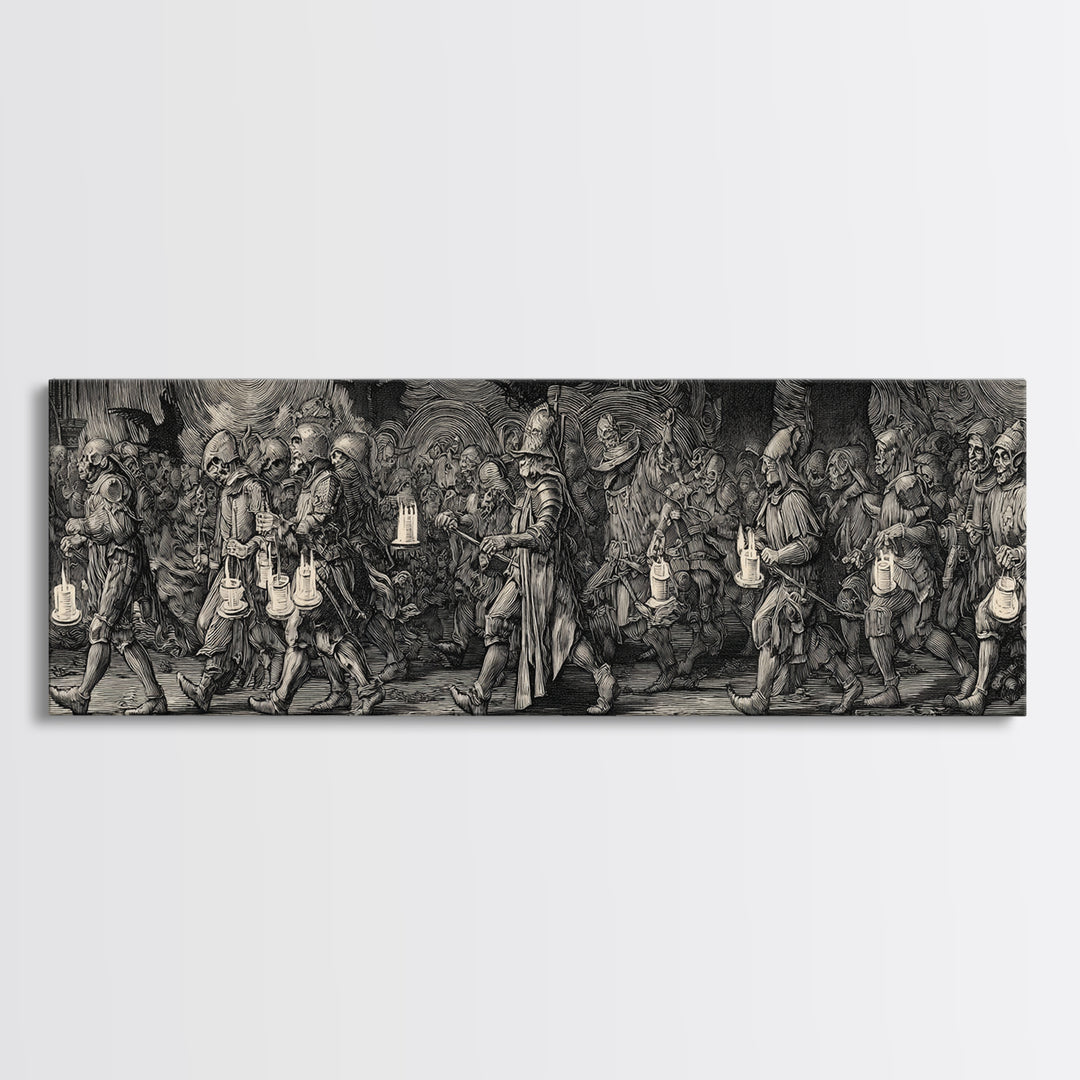 The Trick-Or-Treat Procession, Renaissance Engraving Art, Extra Wide Wall Art, Macabre Wall Art, Canvas Print, Halloween Wall Art