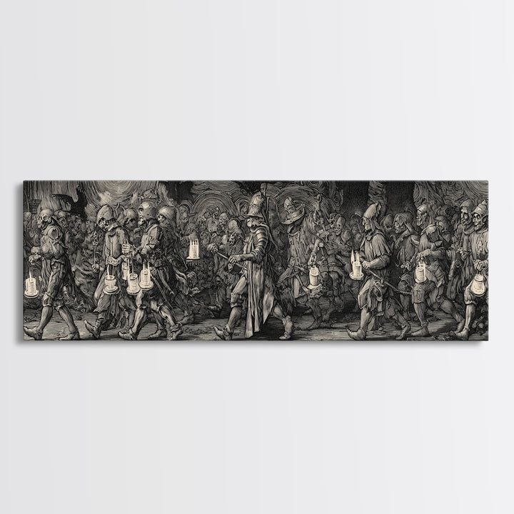 The Trick-Or-Treat Procession, Renaissance Engraving Art, Extra Wide Wall Art, Macabre Wall Art, Canvas Print, Halloween Wall Art