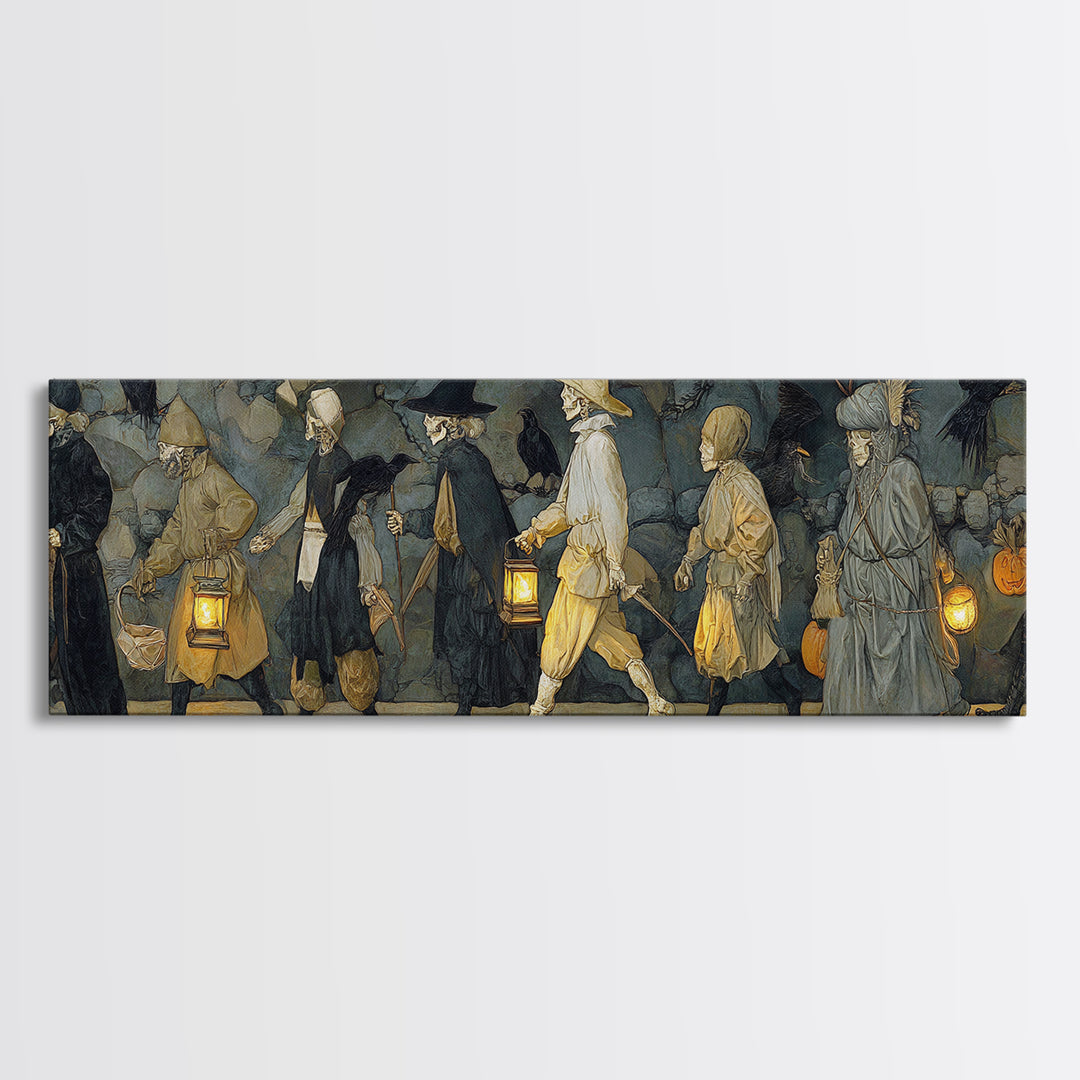 The Trick-Or-Treat Procession, Danse Macabre Art, Extra Wide Wall Art, Dark Halloween Decor, Canvas Print