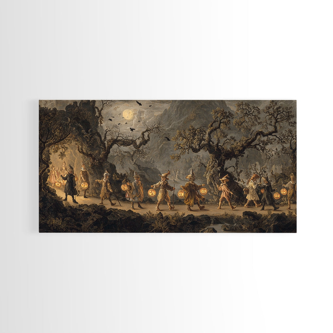 The Trick-Or-Treat Procession, Baroque Witchcraft Art, Wide Panoramic Art, Macabre Wall Art, Canvas Print, Halloween Wall Art