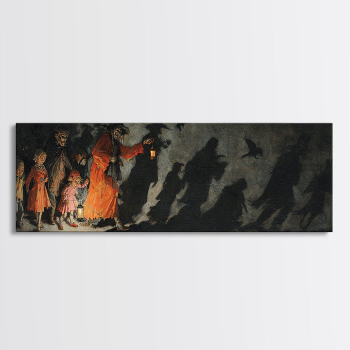 The Trick-Or-Treat Procession, Dark Romantic Horror Art, Extra Wide Wall Art, Gothic Horror Wall Art, Framed Canvas Print
