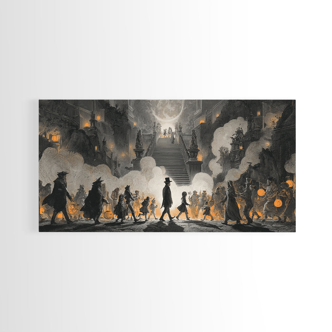The Trick-Or-Treat Procession, Architectural Etching Art, Wide Panoramic Art, Macabre Wall Art, Framed Canvas Print