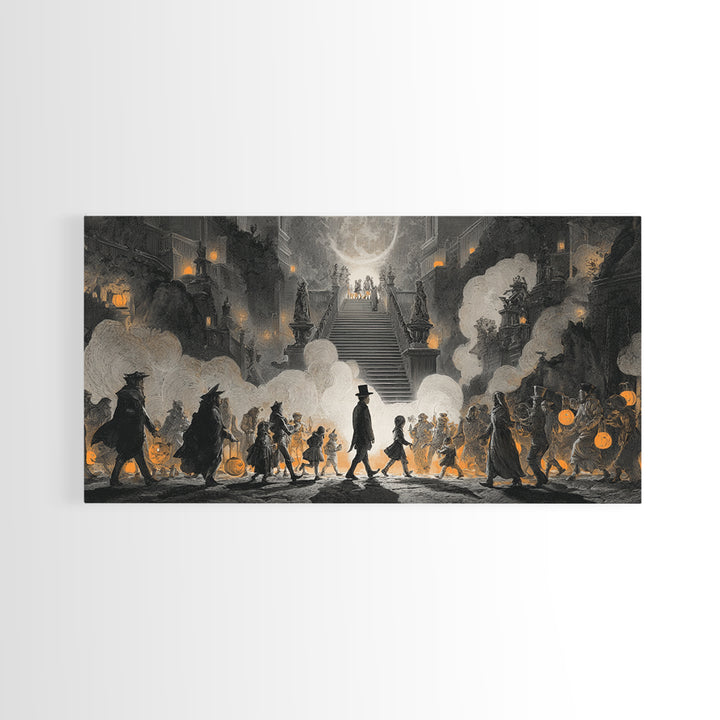 The Trick-Or-Treat Procession, Architectural Etching Art, Wide Panoramic Art, Macabre Wall Art, Framed Canvas Print