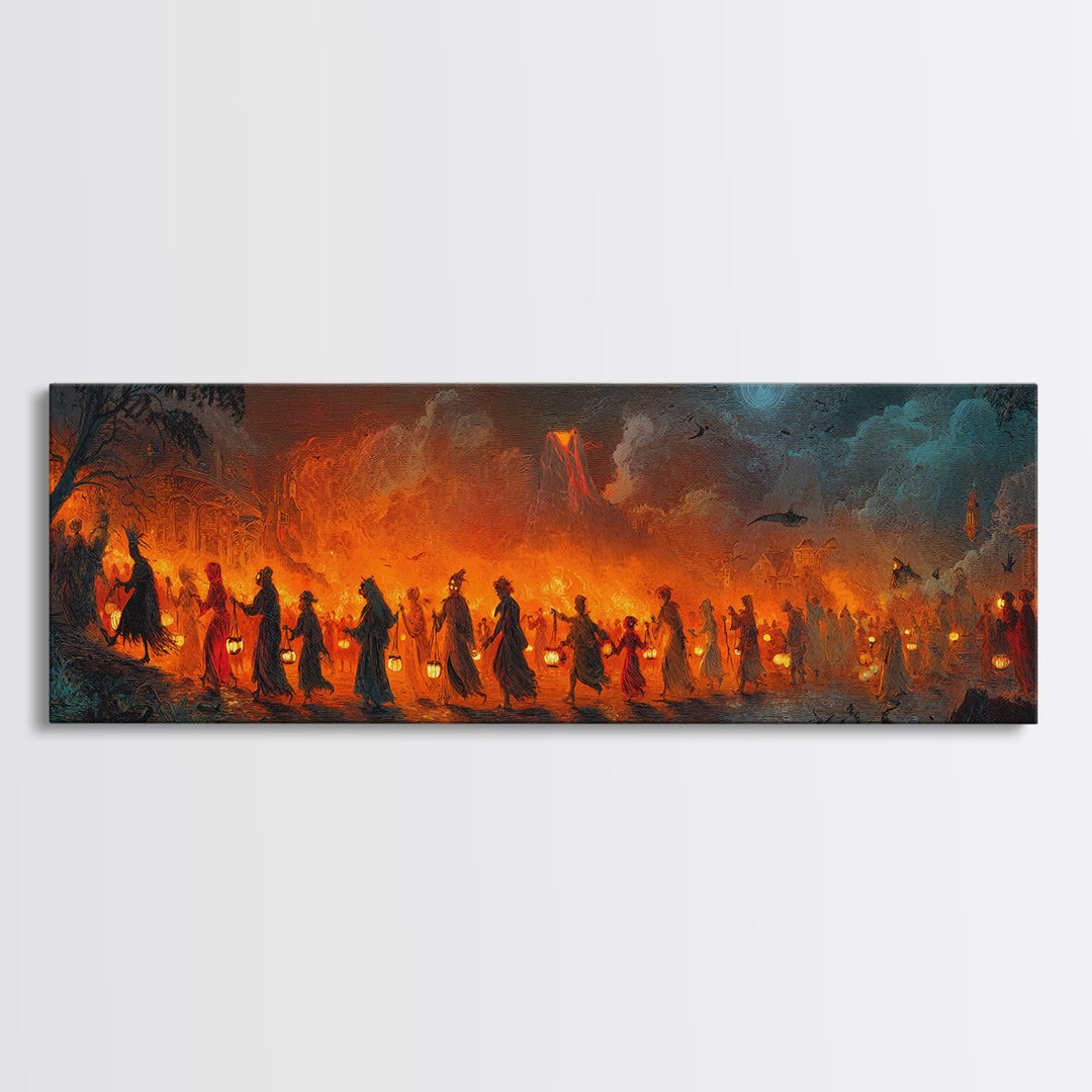 The Trick-Or-Treat Procession, Apocalyptic Romantic Art, Extra Wide Wall Art, Dark Halloween Decor, Framed Canvas Print, Halloween Wall Art