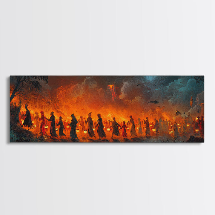 The Trick-Or-Treat Procession, Apocalyptic Romantic Art, Extra Wide Wall Art, Dark Halloween Decor, Framed Canvas Print, Halloween Wall Art