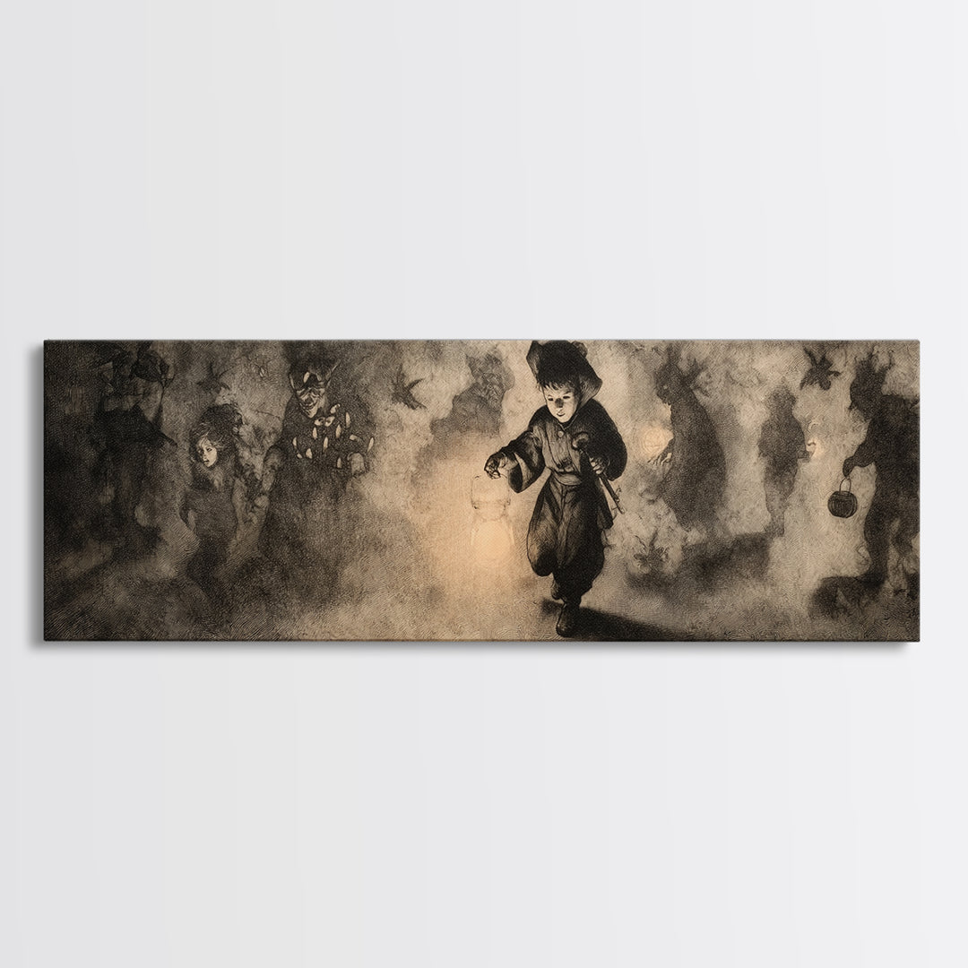 The Trick-Or-Treat Procession, Symbolist Dream Art, Extra Wide Wall Art, Dark Fantasy Wall Art, Canvas Print, Halloween Wall Art