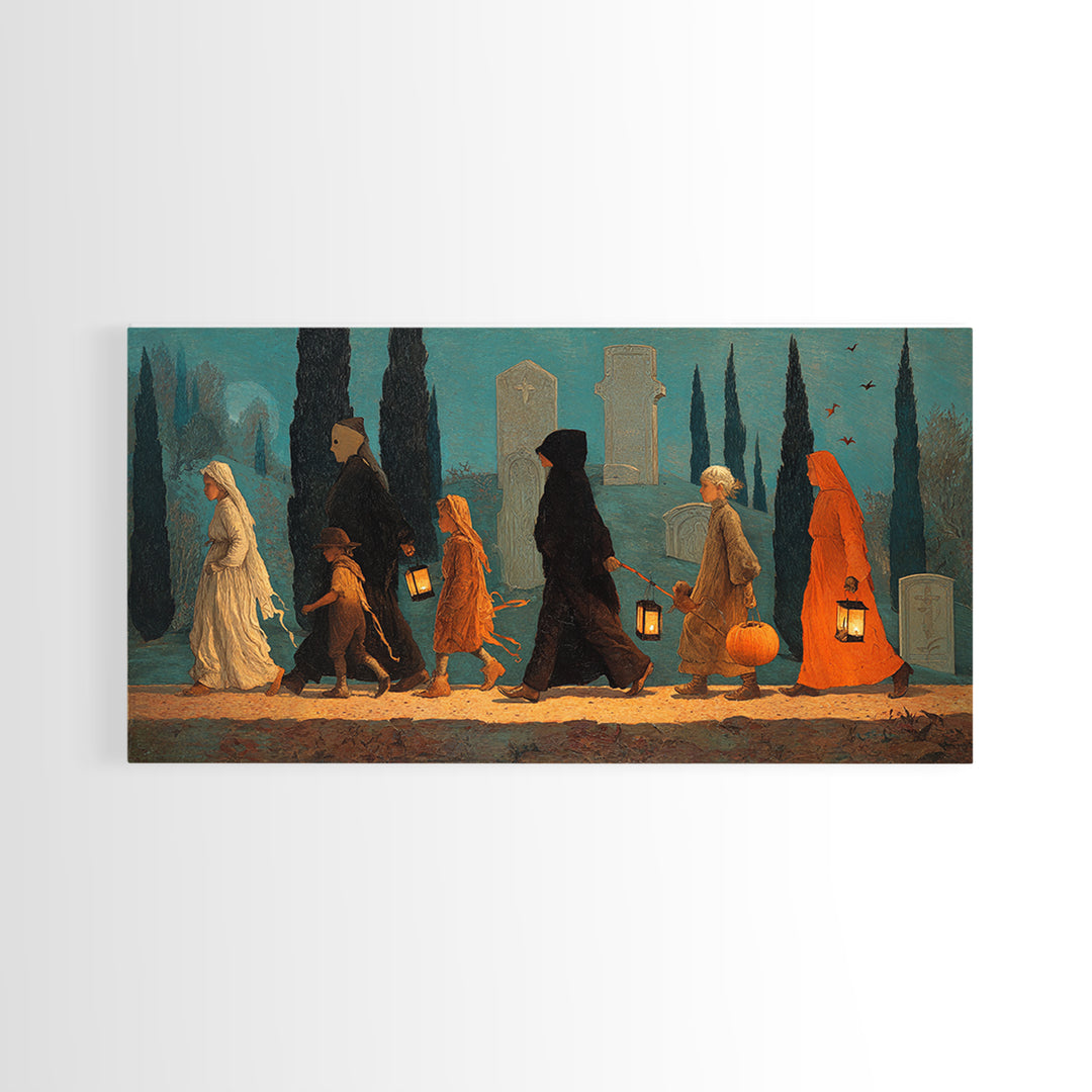 The Trick-Or-Treat Procession, Symbolist Gothic Landscape, Wide Panoramic Art, Gothic Horror Wall Art, Framed Canvas Print