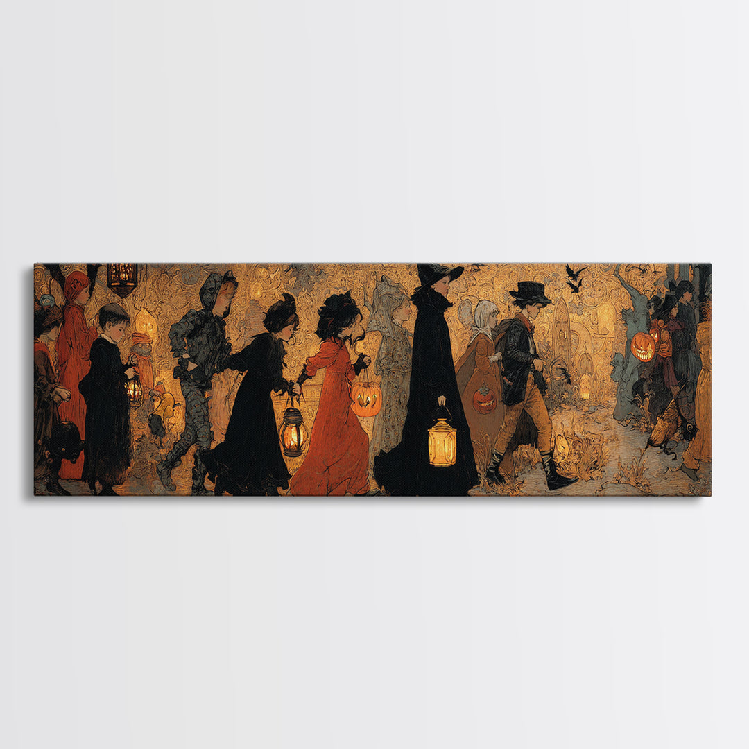 The Trick-Or-Treat Procession, Ornate Symbolist Art, Extra Wide Wall Art, Dark Halloween Decor, Canvas Print, Halloween Wall Art