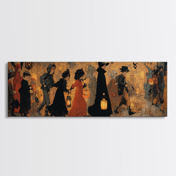The Trick-Or-Treat Procession, Ornate Symbolist Art, Extra Wide Wall Art, Dark Halloween Decor, Canvas Print, Halloween Wall Art