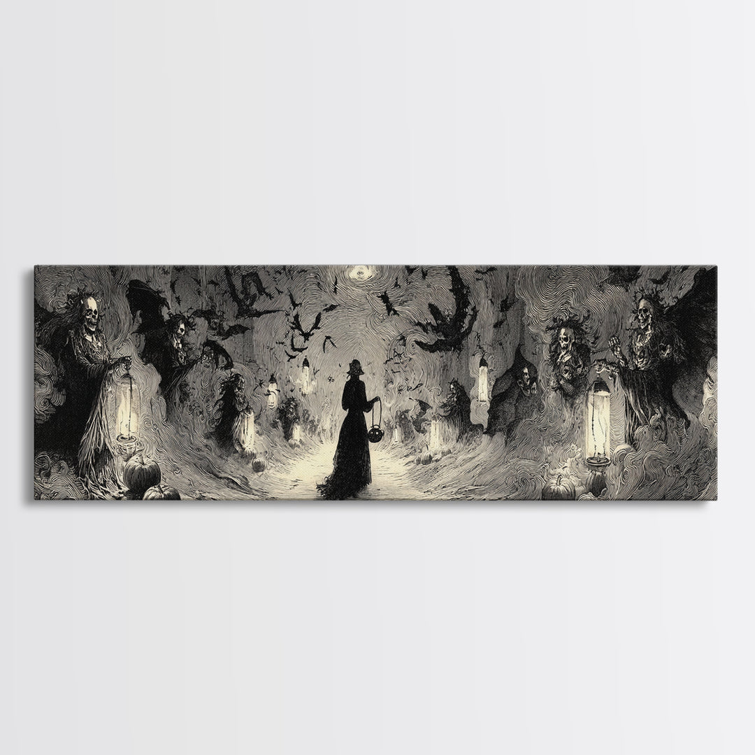 The Trick-Or-Treat Procession, Decadent Gothic Art, Extra Wide Wall Art, Macabre Wall Art, Framed Canvas Print, Halloween Wall Art