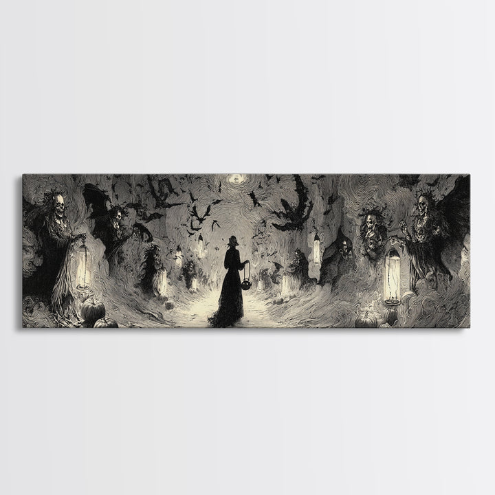 The Trick-Or-Treat Procession, Decadent Gothic Art, Extra Wide Wall Art, Macabre Wall Art, Framed Canvas Print, Halloween Wall Art