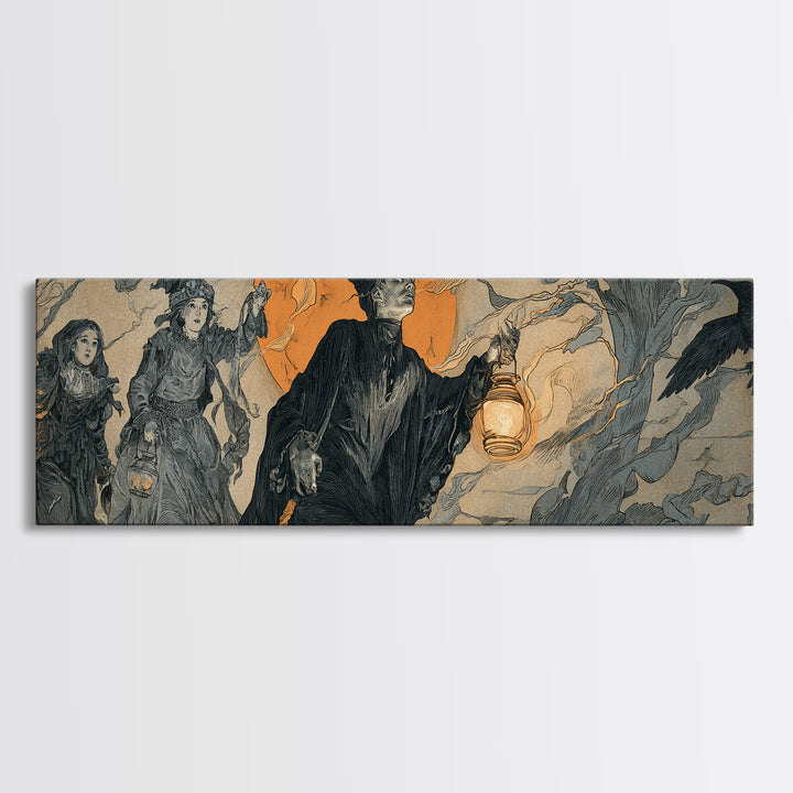 The Trick-Or-Treat Procession, Symbolist Etching Art, Extra Wide Wall Art, Gothic Horror Wall Art, Canvas Print, Halloween Wall Art