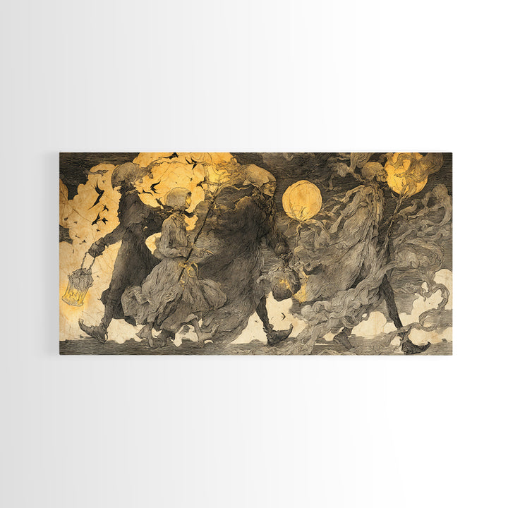 The Trick-Or-Treat Procession, Expressionist Nightmare Art, Wide Panoramic Art, Dark Fantasy Wall Art, Canvas Print, Halloween Wall Art
