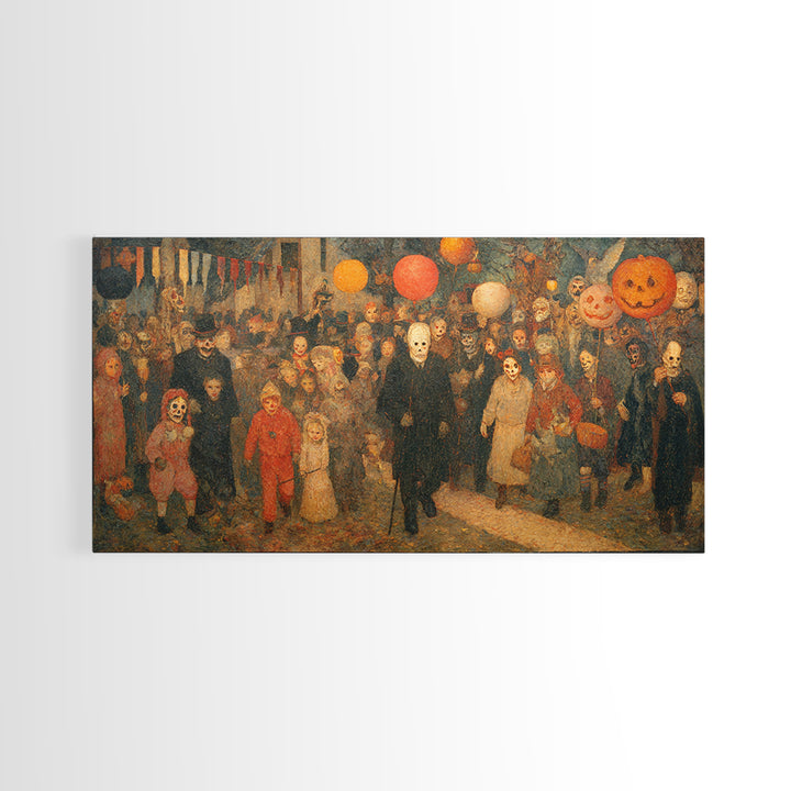 The Trick-Or-Treat Procession, Grotesque Carnival Art, Wide Panoramic Art, Gothic Horror Wall Art, Canvas Print, Halloween Wall Art