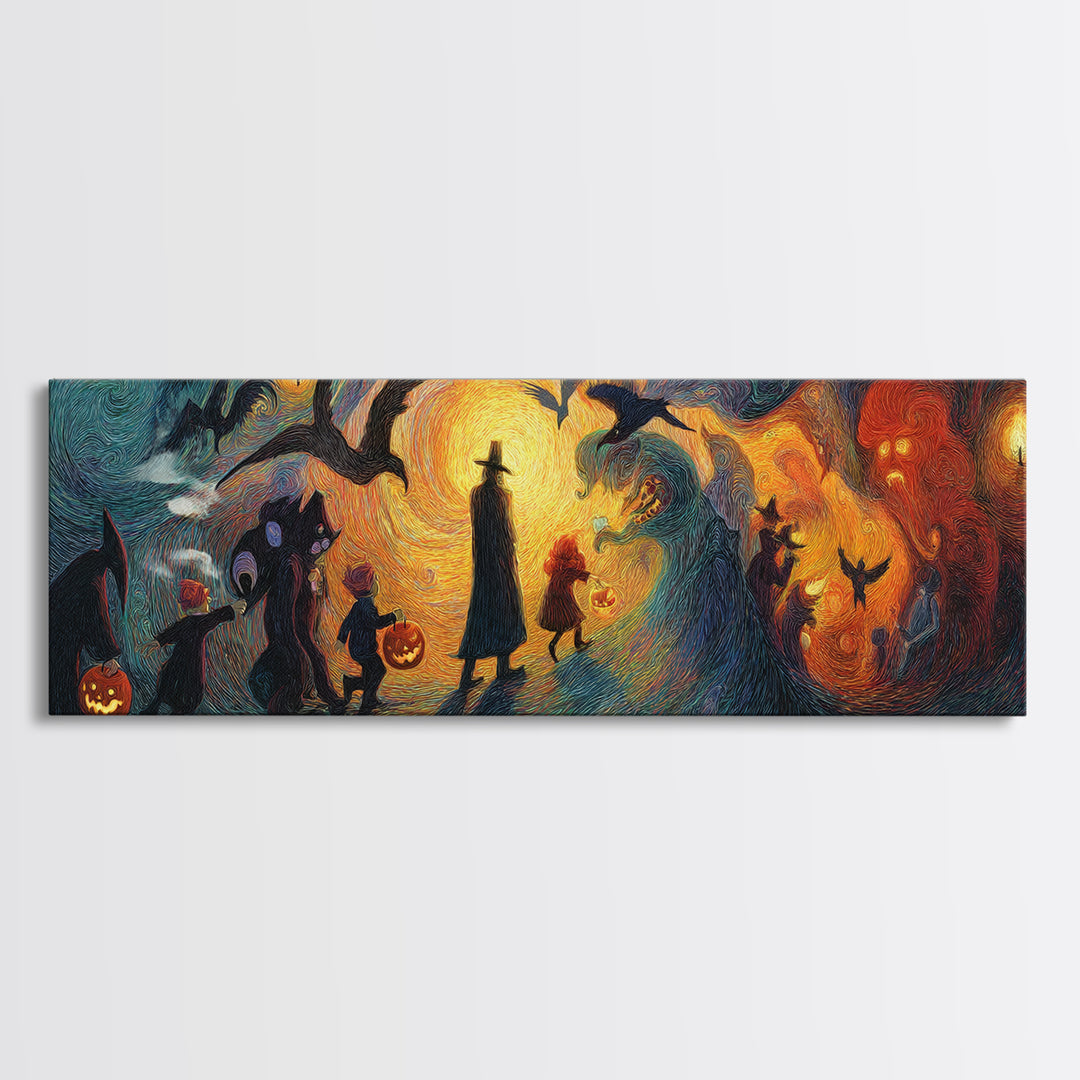 The Trick-Or-Treat Procession, Expressionist Gothic Art, Extra Wide Wall Art, Macabre Wall Art, Framed Canvas Print, Halloween Wall Art