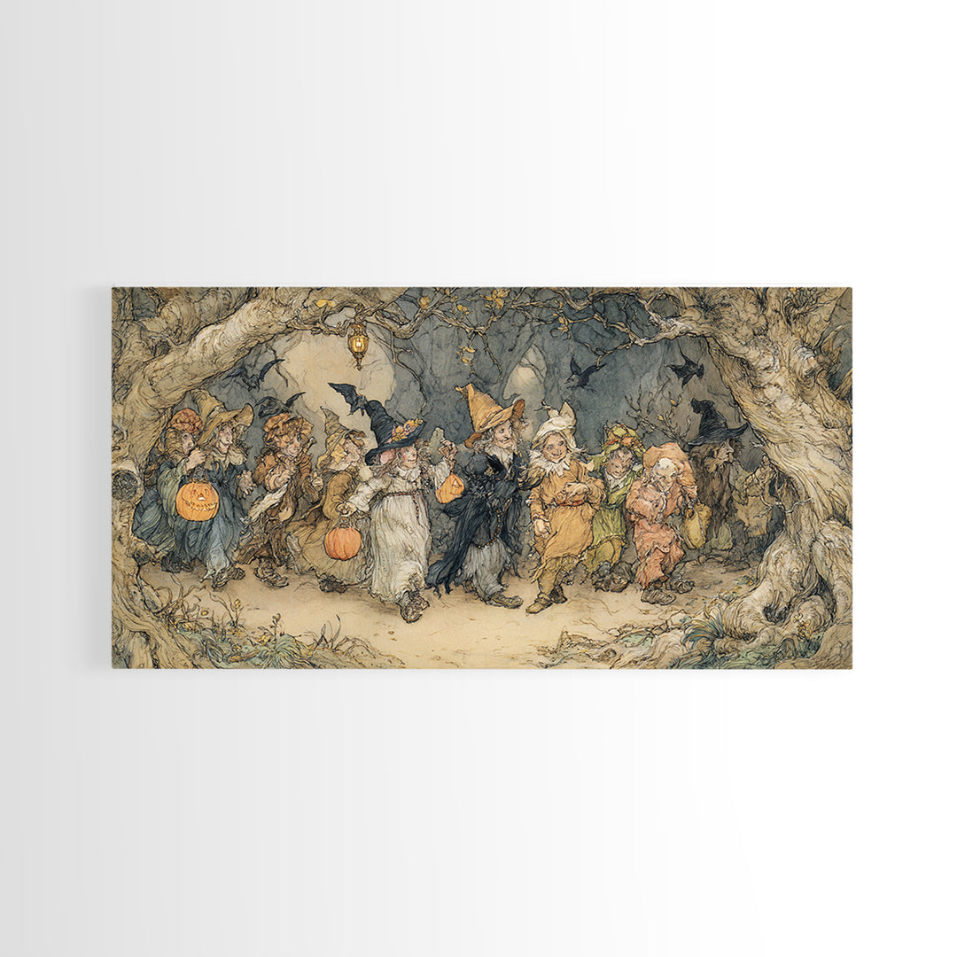The Trick-Or-Treat Procession, Gothic Storybook Art, Wide Panoramic Art, Macabre Wall Art, Framed Canvas Print, Halloween Wall Art
