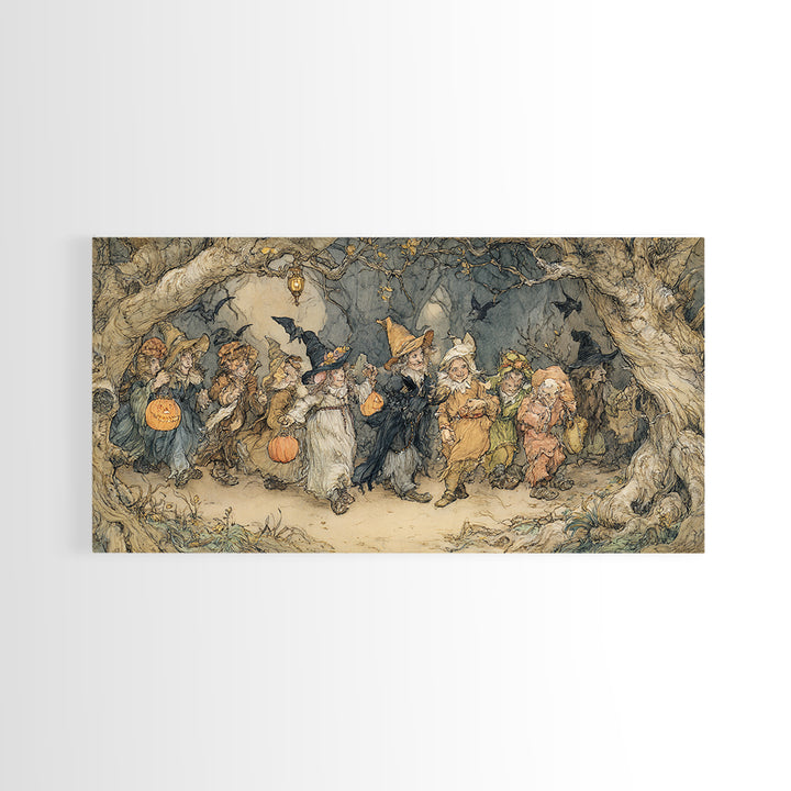 The Trick-Or-Treat Procession, Gothic Storybook Art, Wide Panoramic Art, Macabre Wall Art, Framed Canvas Print, Halloween Wall Art