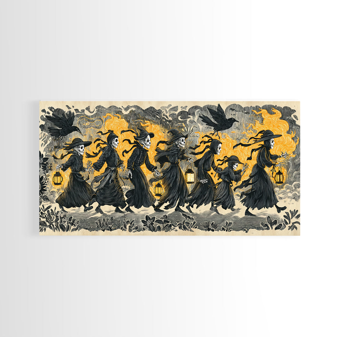 The Trick-Or-Treat Procession, Macabre Folk Print Art, Wide Panoramic Art, Dark Halloween Decor, Canvas Print