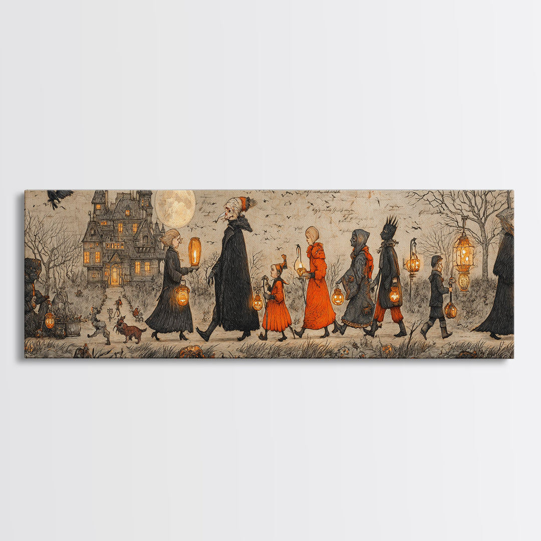 The Trick-Or-Treat Procession, Victorian Macabre Art, Extra Wide Wall Art, Dark Halloween Decor, Canvas Print, Halloween Wall Art