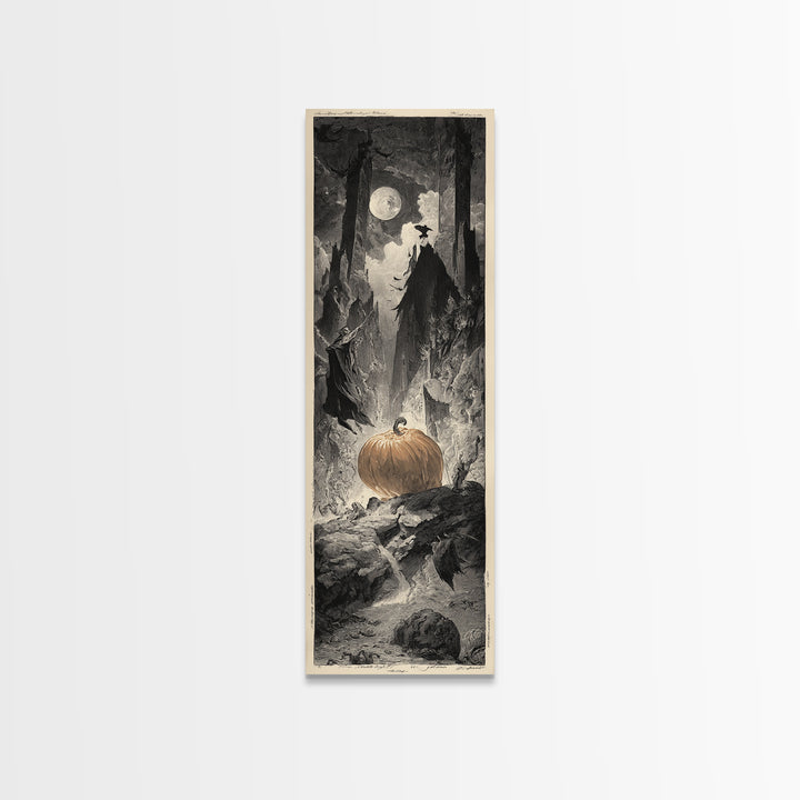The Pumpkin-Carving Ritual, Gothic Engraving Art, Tall Narrow Wall Art, Gothic Horror Wall Art, Framed Canvas Print, Halloween Wall Art
