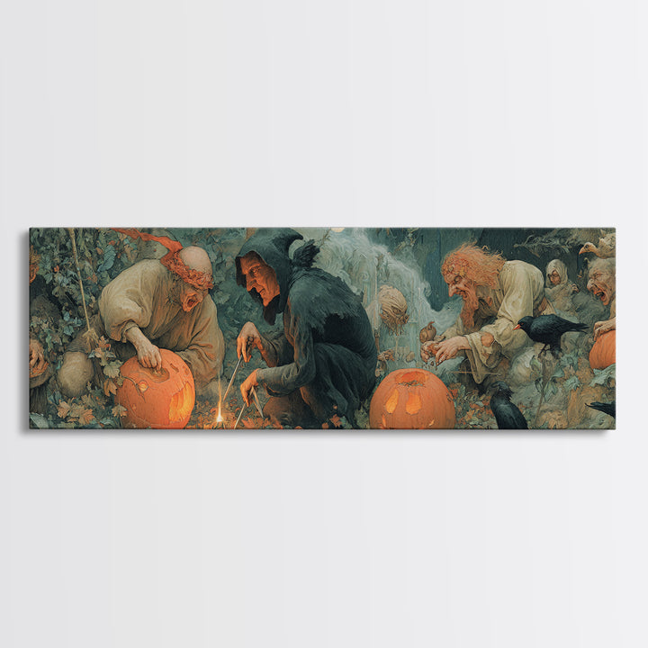 The Pumpkin-Carving Ritual, Medieval Grotesque Art, Extra Wide Wall Art, Gothic Horror Wall Art, Framed Canvas Print