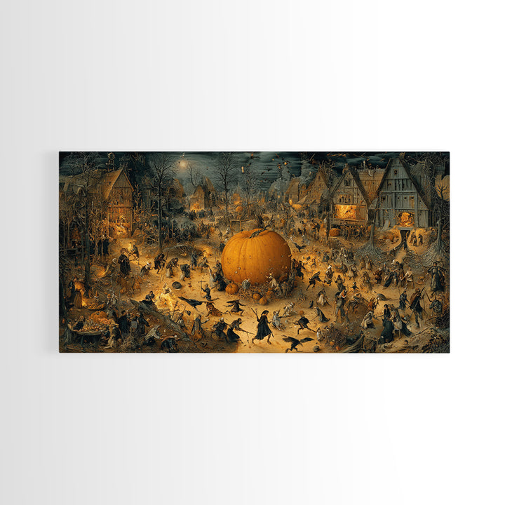 The Pumpkin-Carving Ritual, Northern Renaissance Horror, Wide Panoramic Art, Gothic Horror Wall Art, Framed Canvas Print