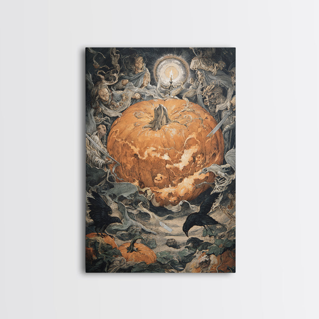 The Pumpkin-Carving Ritual, Dark Renaissance Art, Vertical Wall Art, Macabre Wall Art, Framed Canvas Print, Halloween Wall Art