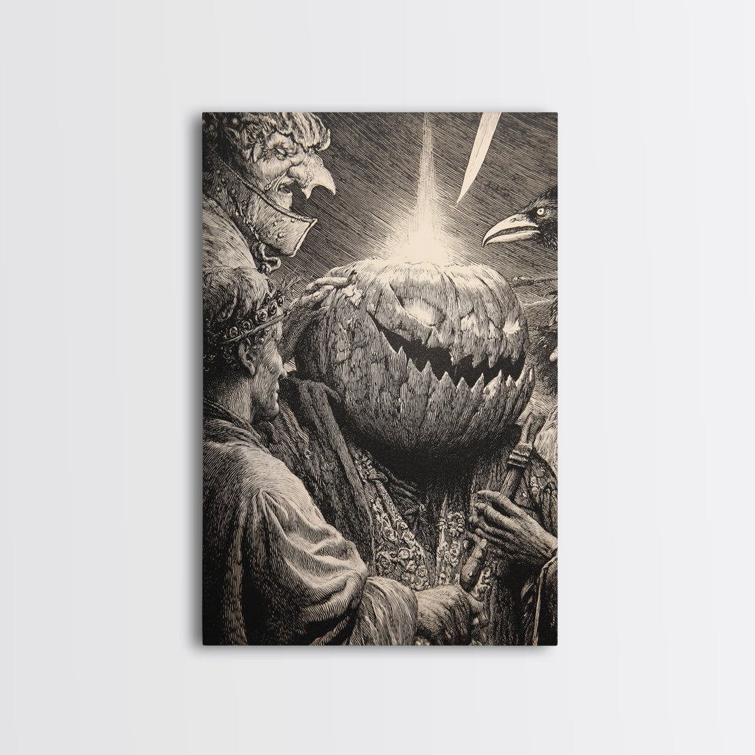 The Pumpkin-Carving Ritual, Renaissance Engraving Art, Vertical Wall Art, Dark Fantasy Wall Art, Framed Canvas Print, Halloween Wall Art