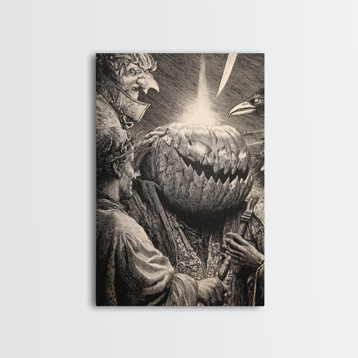 The Pumpkin-Carving Ritual, Renaissance Engraving Art, Vertical Wall Art, Dark Fantasy Wall Art, Framed Canvas Print, Halloween Wall Art
