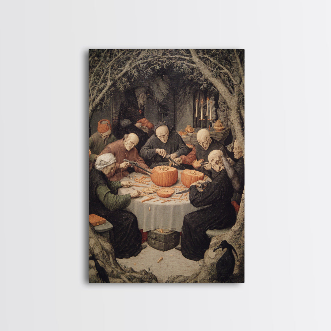 The Pumpkin-Carving Ritual, Danse Macabre Art, Vertical Wall Art, Dark Fantasy Wall Art, Canvas Print, Horror Wall Art
