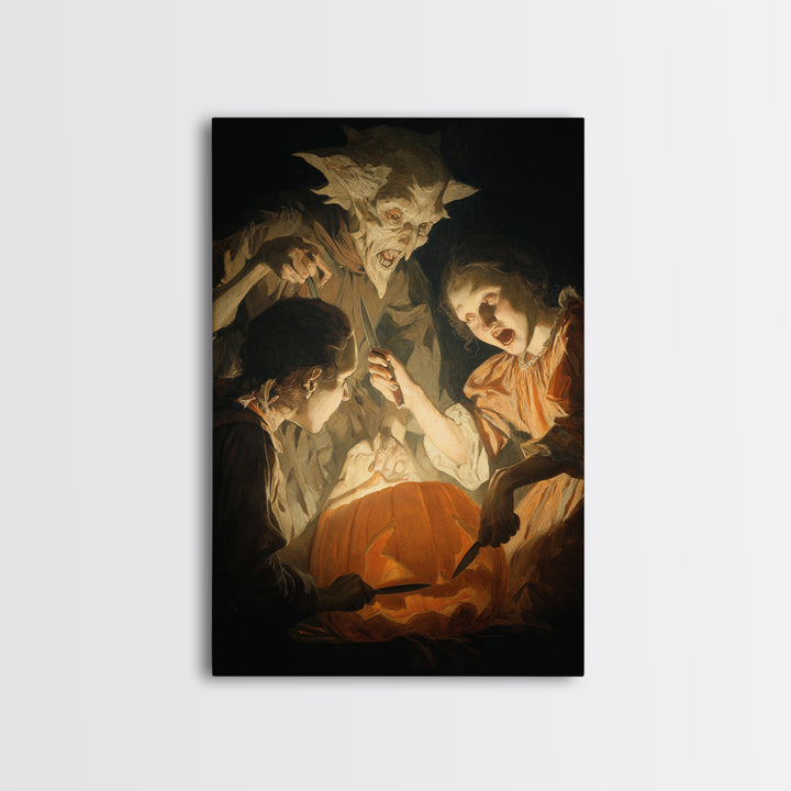 The Pumpkin-Carving Ritual, Gothic Nightmare Art, Vertical Wall Art, Macabre Wall Art, Canvas Print, Halloween Wall Art