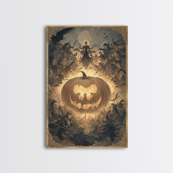 The Pumpkin-Carving Ritual, Visionary Gothic Art, Vertical Wall Art, Macabre Wall Art, Framed Canvas Print, Halloween Wall Art