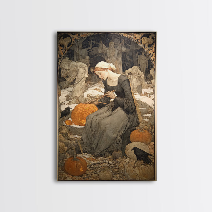 The Pumpkin-Carving Ritual, Symbolist Death Art, Vertical Wall Art, Gothic Horror Wall Art, Framed Canvas Print, Halloween Wall Art