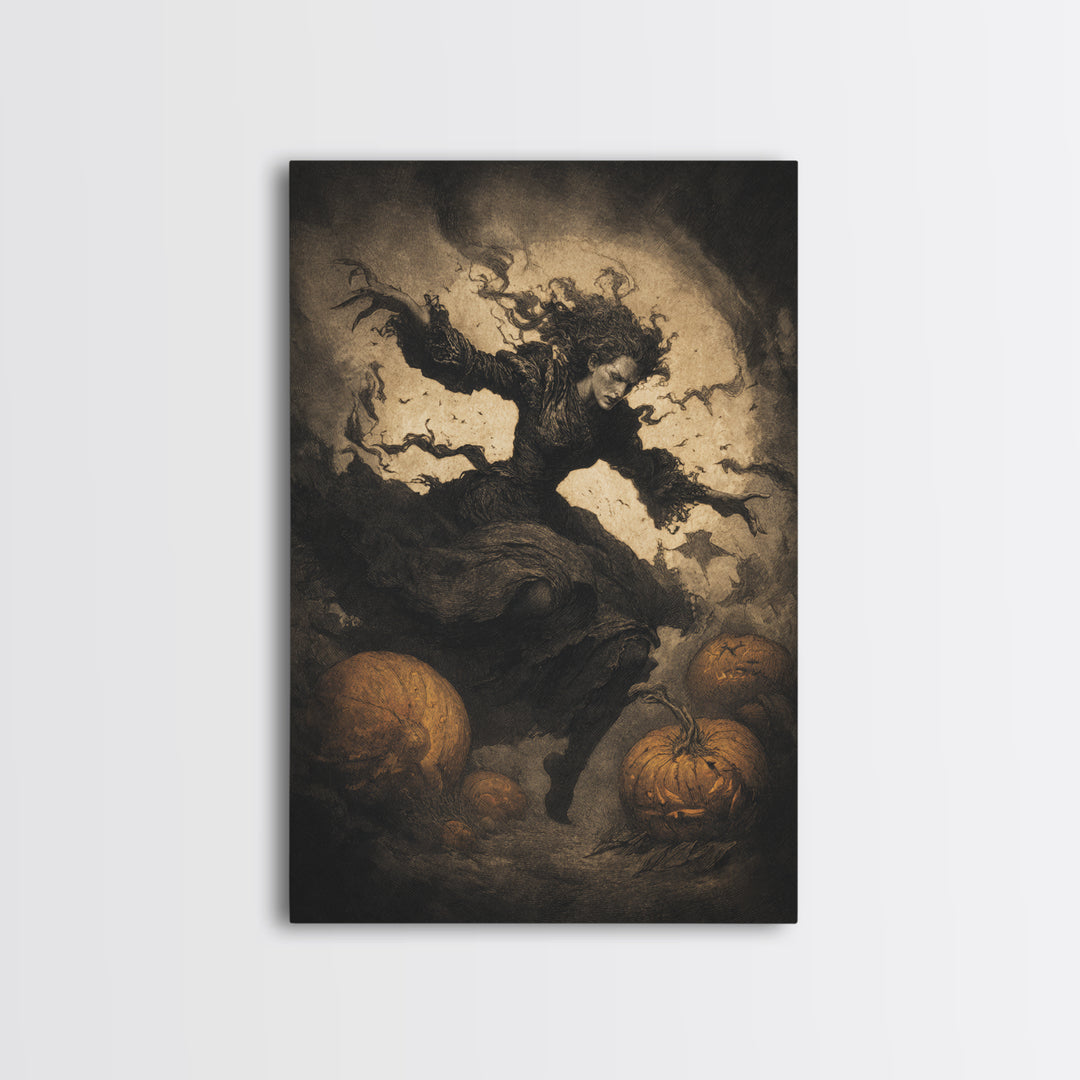 The Pumpkin-Carving Ritual, Dark Symbolist Art, Vertical Wall Art, Gothic Horror Wall Art, Framed Canvas Print, Halloween Wall Art