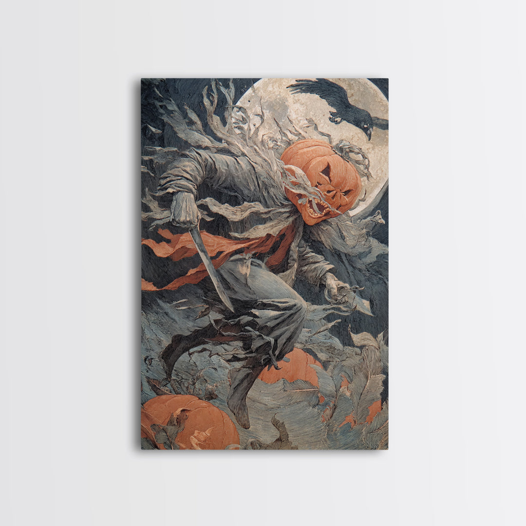 The Pumpkin-Carving Ritual, Symbolist Etching Art, Vertical Wall Art, Dark Halloween Decor, Framed Canvas Print, Halloween Wall Art