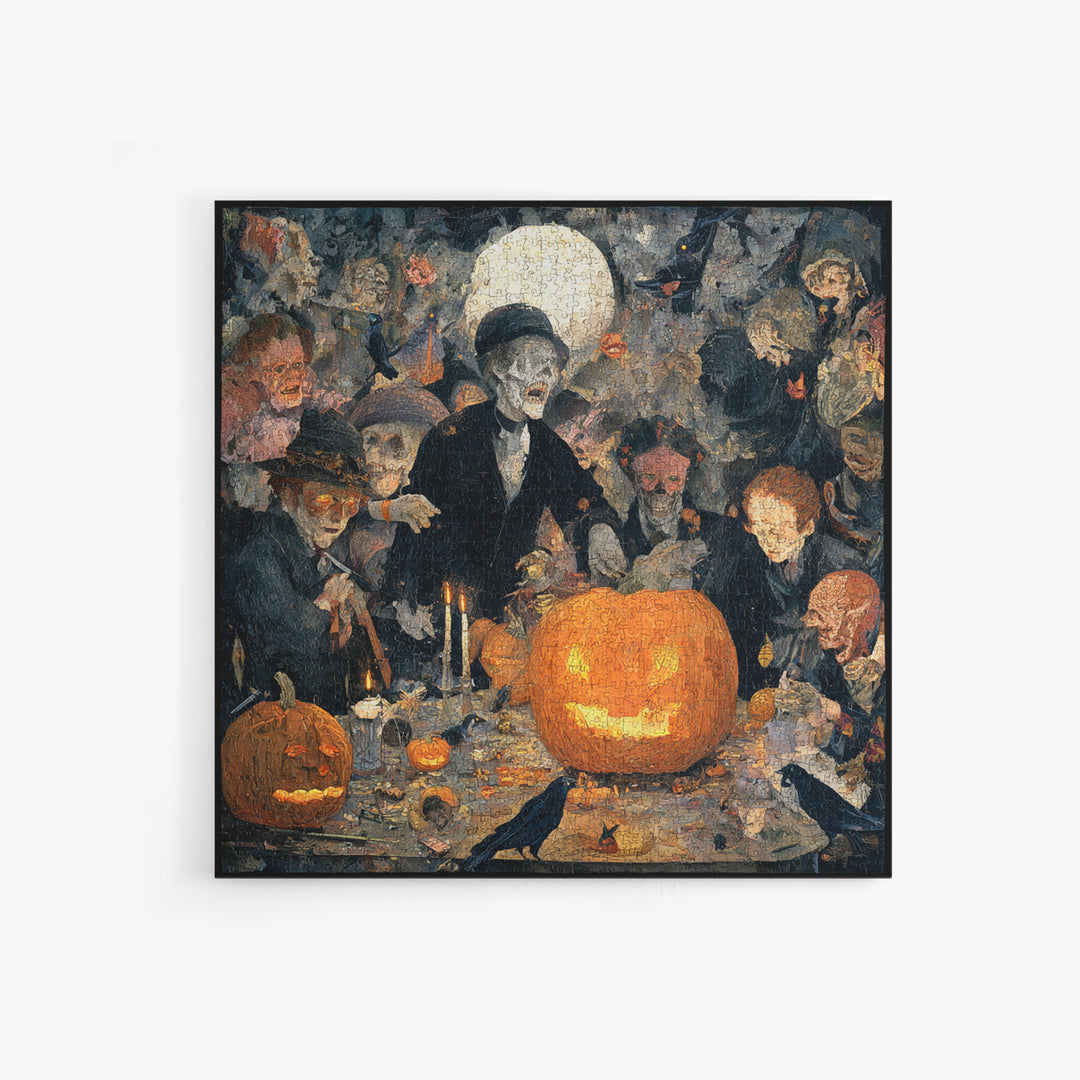 The Pumpkin-Carving Ritual, Grotesque Carnival Art, Square Wall Art, Dark Halloween Decor, Framed Canvas Print, Halloween Wall Art