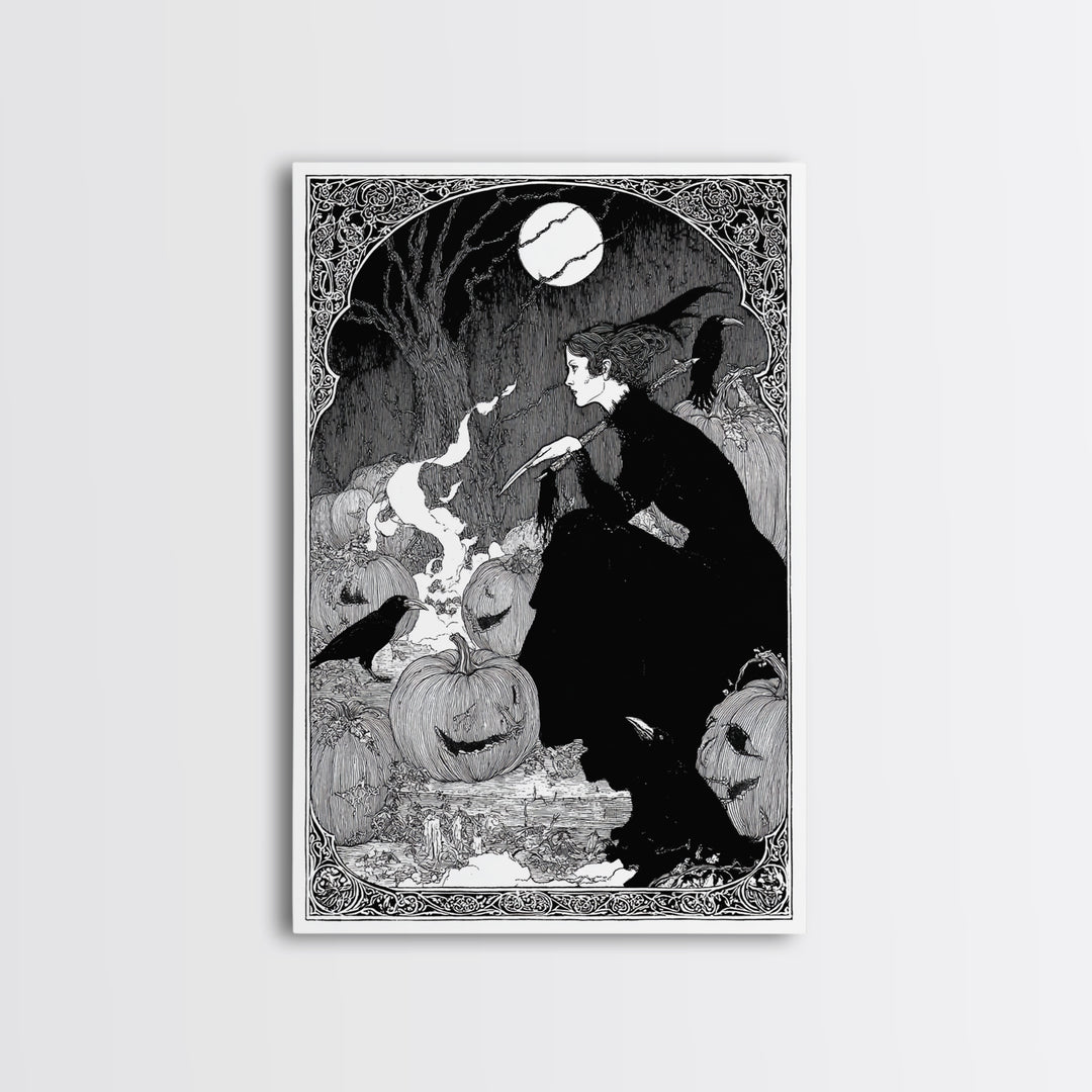 The Pumpkin-Carving Ritual, Decadent Line Art, Vertical Wall Art, Gothic Horror Wall Art, Canvas Print, Halloween Wall Art