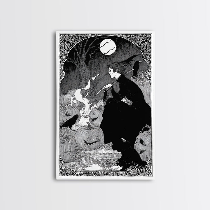 The Pumpkin-Carving Ritual, Decadent Line Art, Vertical Wall Art, Gothic Horror Wall Art, Canvas Print, Halloween Wall Art