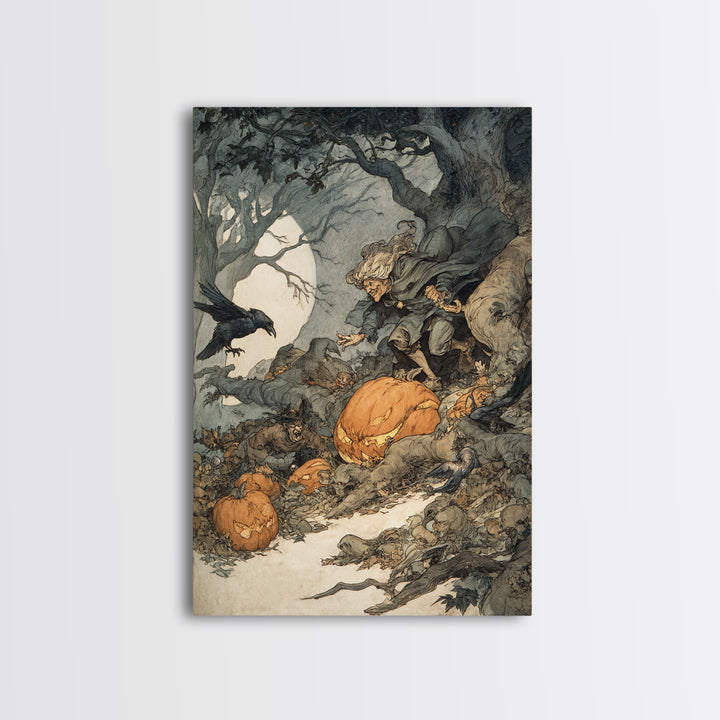 The Pumpkin-Carving Ritual, Gothic Storybook Art, Vertical Wall Art, Macabre Wall Art, Framed Canvas Print, Halloween Wall Art