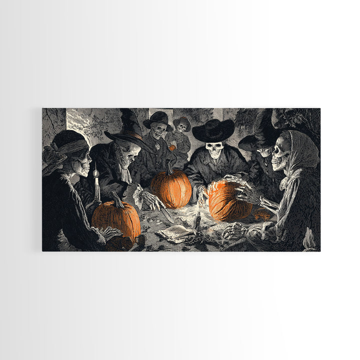 The Pumpkin-Carving Ritual, Macabre Folk Print Art, Wide Panoramic Art, Dark Halloween Decor, Canvas Print, Halloween Wall Art
