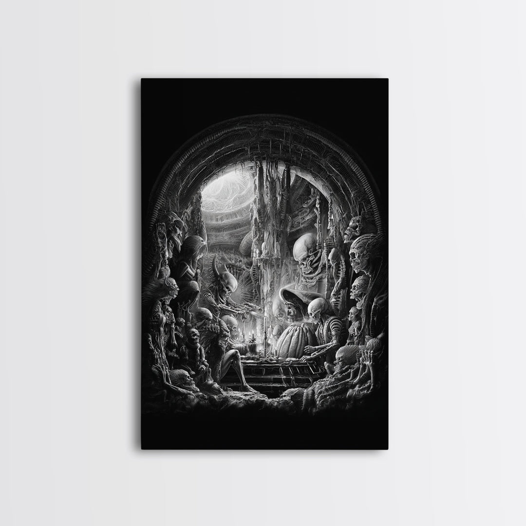 The Pumpkin-Carving Ritual, Biomechanical Horror Art, Vertical Wall Art, Dark Halloween Decor, Canvas Print, Halloween Wall Art