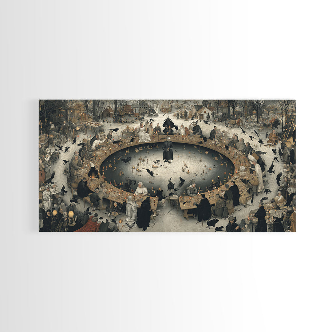 The Candlelit Seance, Northern Renaissance Horror, Wide Panoramic Art, Dark Halloween Decor, Canvas Print, Halloween Wall Art