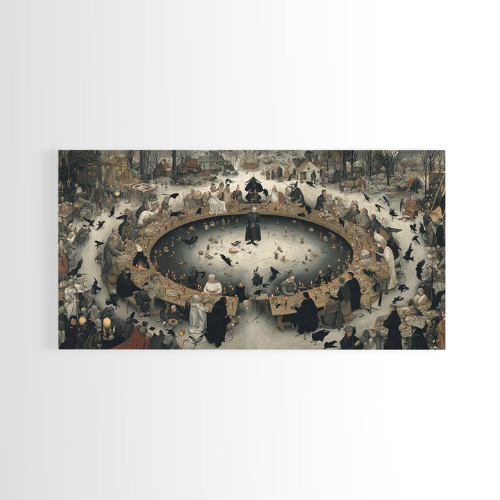 The Candlelit Seance, Northern Renaissance Horror, Wide Panoramic Art, Dark Halloween Decor, Canvas Print, Halloween Wall Art