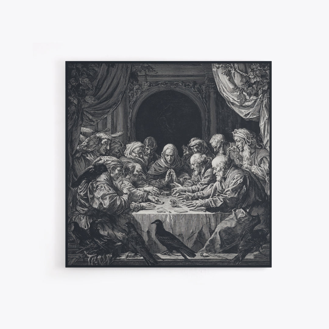The Candlelit Seance, Renaissance Engraving Art, Square Wall Art, Dark Fantasy Wall Art, Canvas Print, Halloween Wall Art
