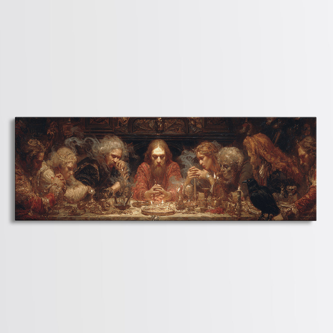 The Candlelit Seance, Ornate Symbolist Art, Extra Wide Wall Art, Dark Halloween Decor, Framed Canvas Print, Halloween Wall Art