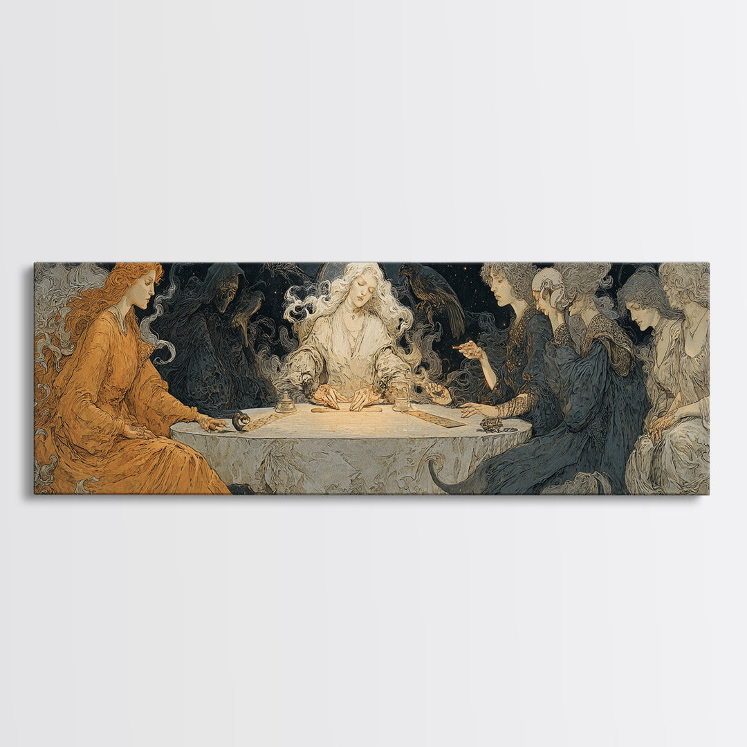 The Candlelit Seance, Symbolist Death Art, Extra Wide Wall Art, Dark Halloween Decor, Framed Canvas Print, Halloween Wall Art