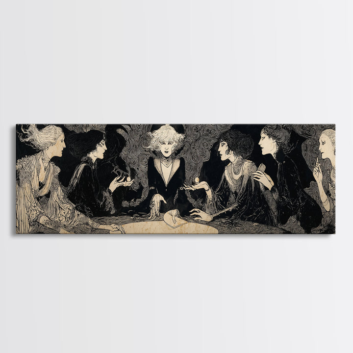 The Candlelit Seance, Decadent Line Art, Extra Wide Wall Art, Macabre Wall Art, Canvas Print, Halloween Wall Art