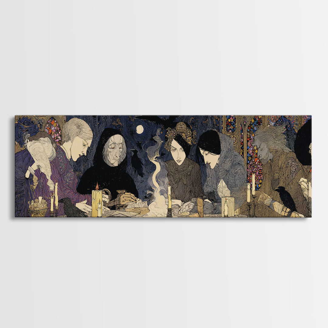 The Candlelit Seance, Stained Glass Gothic Art, Extra Wide Wall Art, Dark Fantasy Wall Art, Framed Canvas Print, Halloween Wall Art