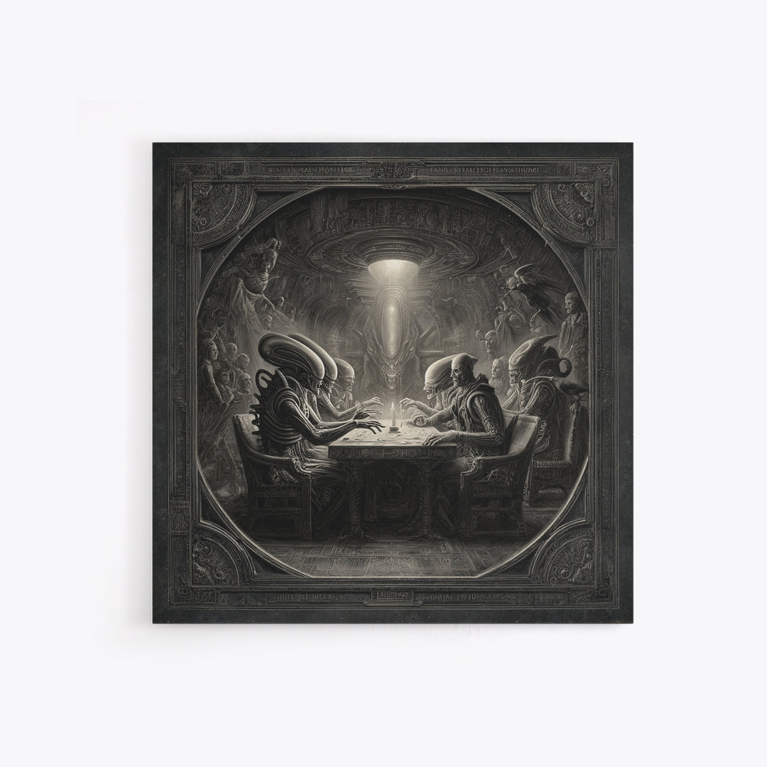 The Candlelit Seance, Biomechanical Horror Art, Square Wall Art, Macabre Wall Art, Framed Canvas Print, Halloween Wall Art